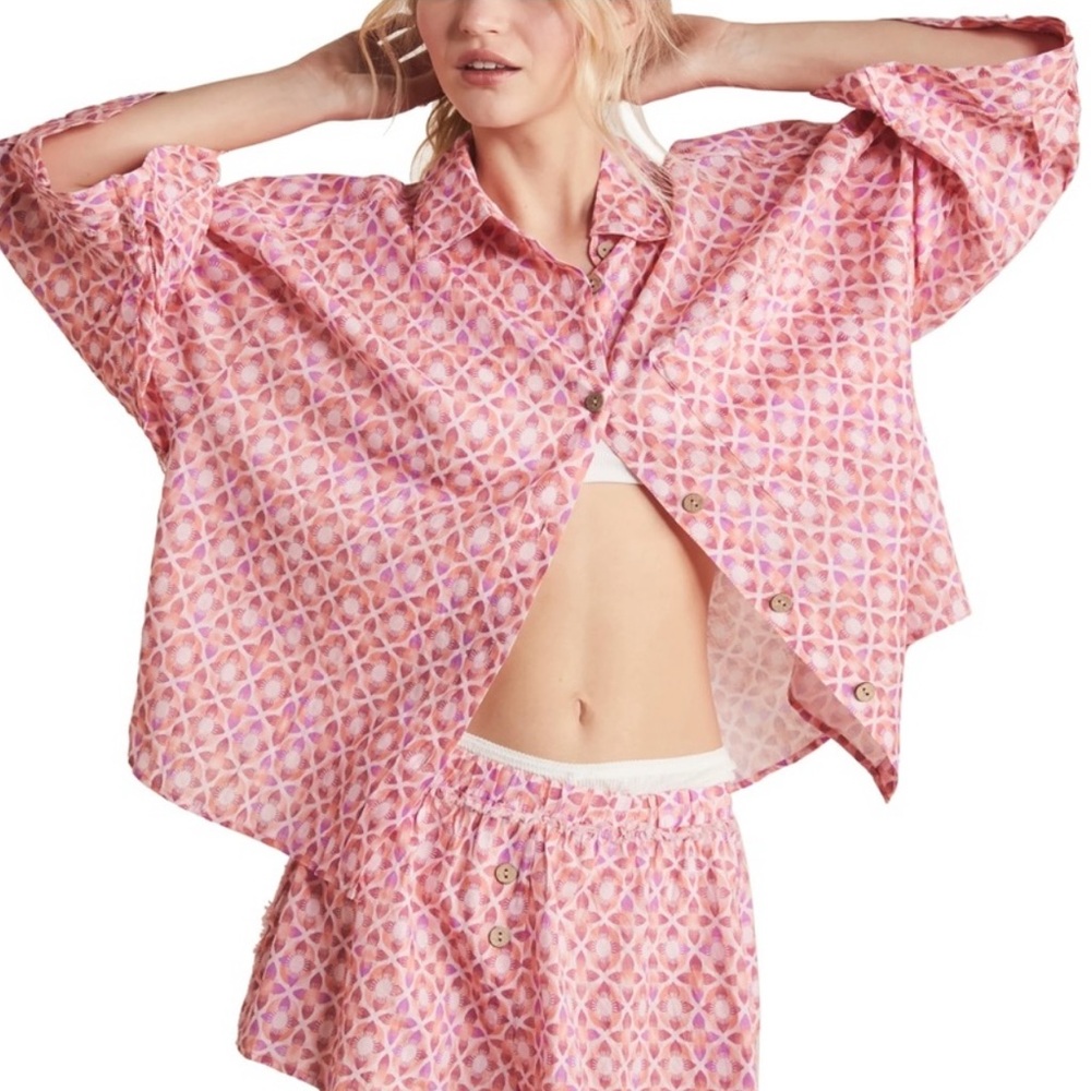Free People Linen Cotton Printed Daydream Button Down Top